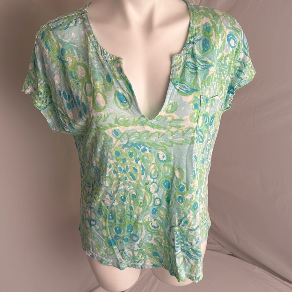 Lilly Pulitzer Duval Pool Blue Any Fins Possible notch neck short sleeve top